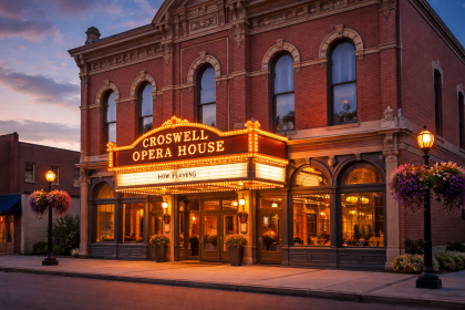Croswell Opera House in Adrian Michigan lit up at night with marquee and historic architecture
