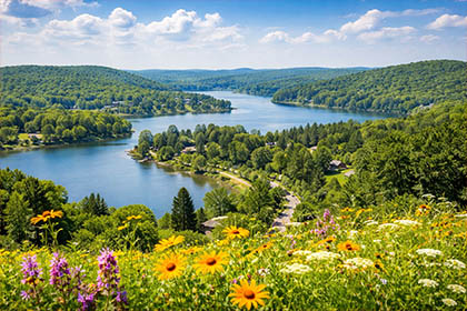 Scenic view of the Irish Hills area with lake, rolling hills, and wildflowers in Michigan